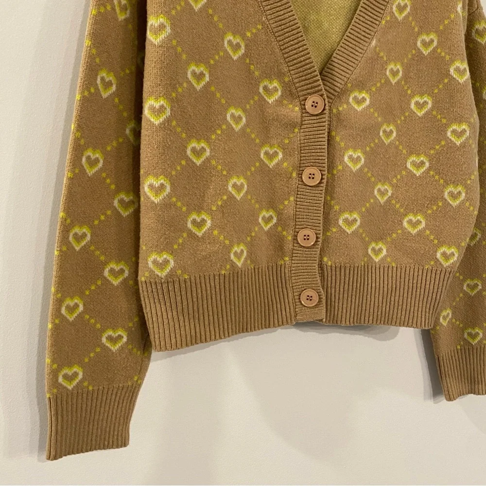 Junior's Witty Fox Brown & Yellow Heart Button Up Cardigan - Picture 3 of 8